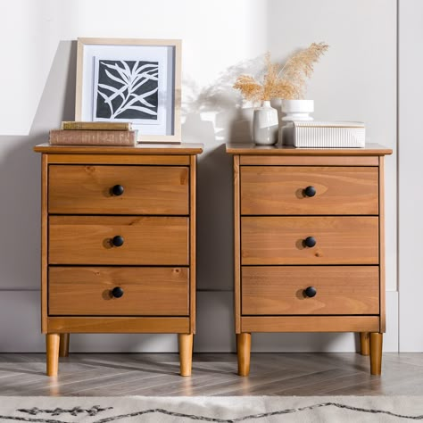 This set of mid-century modern three-drawer wood nightstands is the answer to your bedside needs. Modern Rustic Nightstand, Bedside Table 3 Drawer, Nightstands For Tall Beds, 30 Inch Tall Nightstand, Small Dresser As Nightstand, Dressers As Night Stands, Dresser Nightstand Ideas, Tall Nightstand Ideas, Small Nightstand Ideas