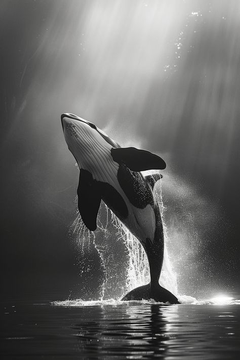 Artistic Image: Killer Whale Jumping from Water Orca Photography, Whale Jumping Out Of Water, Orca Painting, Whale Photo, Whale Jumping, Black And White Fish, Unknown Animals, Orca Art, Whale Pictures