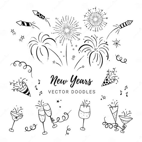 Fun Hand Drawn New Years Party Doodles - Firework, Paper Streamers, Cocktails and Rockets , Great for Banners, Wallpapers, Stock Vector - Illustration of hand, fireworks: 164727678 Hand Drawn Fireworks, Fireworks Aesthetic Drawing, New Year’s Eve Window Painting, Hand Drawn New Years Cards, New Year Doodle Art 2025, Firework Doodles Easy, Firework Illustration Drawing, New Years Window Art, New Year Illustration 2025