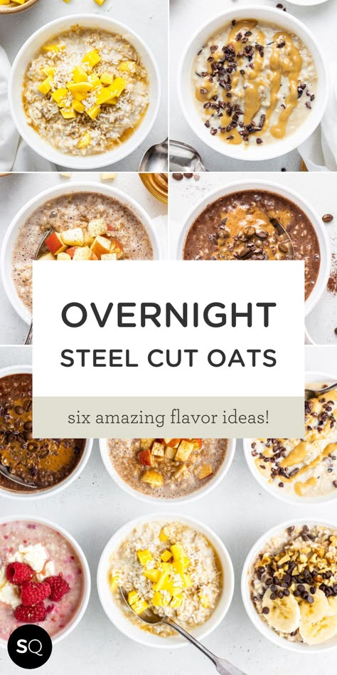 Learn how to make overnight steel cut oats a ton of different ways. We've got the basic recipe for overnight steel cut oats and are then showing you six amazing flavor ideas! We've got peanut butter, apple, mango, mocha, chocolate chip, and vanilla raspberry. Overnight Steel Cut Oats | Vegan & Gluten-Free Breakfast Idea | Simply Quinoa Overnight Oats Lunch, Steal Cut Oats Overnight, Steel Oatmeal Recipes, Vegan Steel Cut Oats Recipes, Crockpot Steal Oats, Steal Cut Oats Recipes Overnight Oatmeal, Steel Cut Overnight Oats Recipe, Quick Steel Cut Oats Recipes, Overnight Steel Cut Oats Crockpot