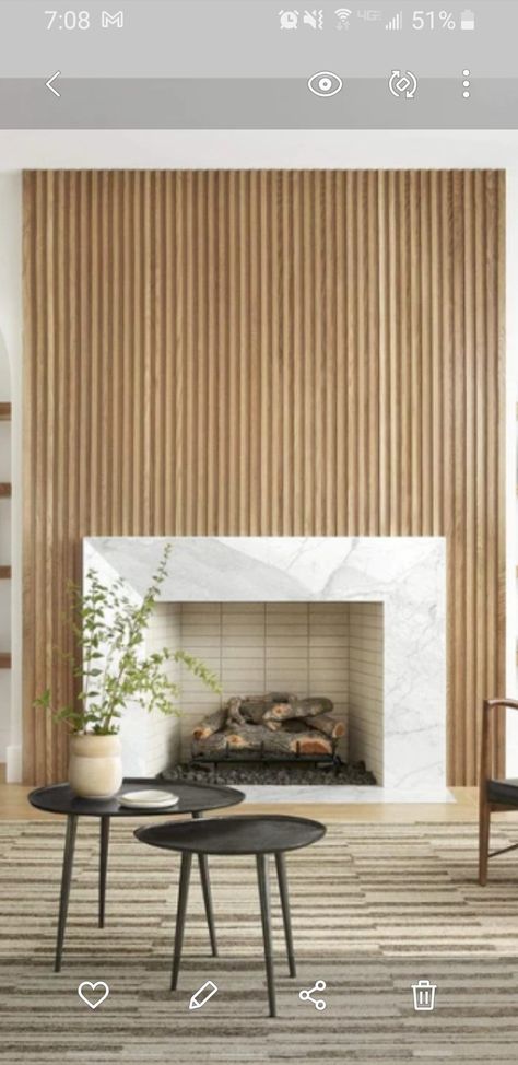 Fluted Tile Fireplace, Mid Mod Fireplace, Accent Wall For Tv, Wood Slat Fireplace, Wood Slat Fireplace Wall, Mid Century Fireplace Makeover, Tv Fireplace Wall, Tile Around Fireplace, Mid Century Fireplace