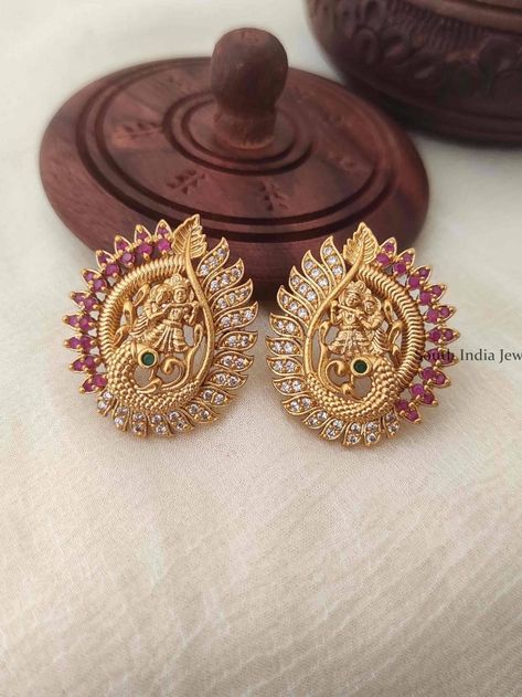 New Model Earrings Gold, Ear Studs Indian, Studs Earrings Gold India, One Gram Gold Earrings, Long Haram Designs, Ear Rings For Women, Peacock Jewellery, White Stone Earrings, Beaded Wedding Jewelry