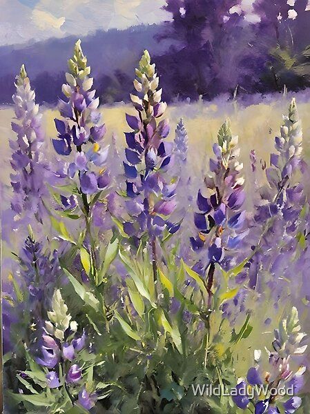 Field of lilac lupins, in acrylic art style. by WildLadyWood | Redbubble Lupins Painting, Lupine Art, Lupine Painting, Field Of Flowers Painting, Pretty Field, Lilac Art, Flower Painting Acrylic, Lilac Painting, Lupine Flowers