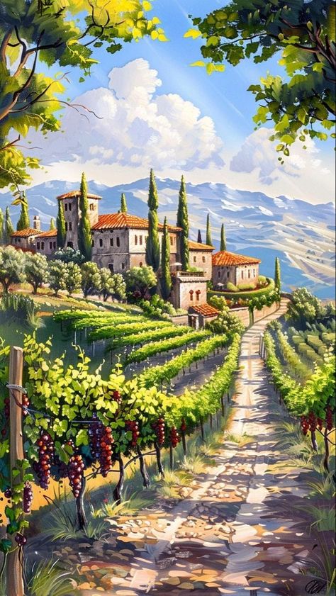 Tuscany Drawing, Old Italy Aesthetic, Tuscany Illustration, Tuscan Painting, Tuscany Paintings, Tuscany Art, Tuscany Vineyard, Art Pictures Ideas, Images Of Love