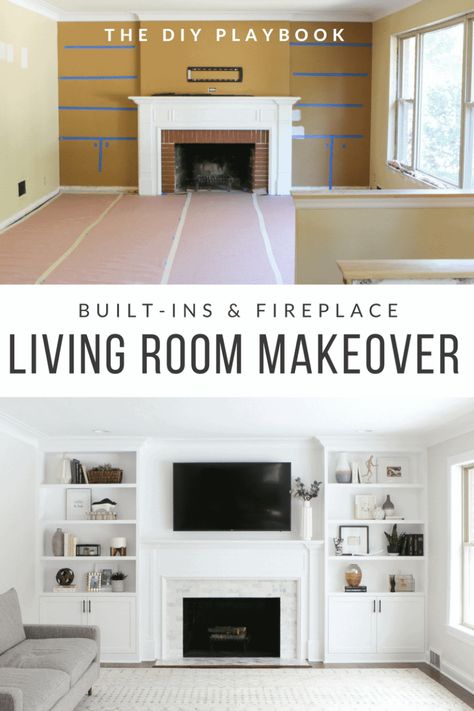 White Built-Ins Around the Fireplace: Before and After | The DIY Playbook White Built Ins, Built In Around Fireplace, Film Decor, Built In Shelves Living Room, Living Room Built Ins, Shelves Living Room, Fireplace Living Room, Fireplace Built Ins, Makeover Before And After