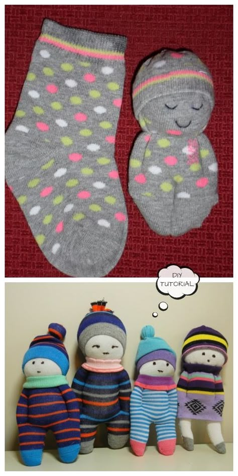 DIY Sock Doll Free Sewing Patterns + Video Doll Made From Socks, How To Make A Sock Doll, Sock Dolls Diy Easy No Sew, Sock Dolls How To Make, Sock Recycling, Sock Crafts No Sew, Sock Stuffed Animals Diy, Sock Dolls Diy Easy, Recycling Socks