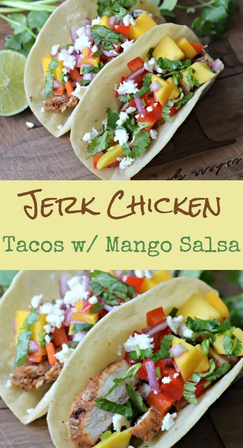 Delicious Jerk Chicken Tacos with Mango Salsa - My Latina Table Chicken Tacos With Mango Salsa, Mango Dishes, Jerk Chicken Tacos, Mango Tacos, Tacos Crockpot, Tacos With Mango Salsa, Caribbean Jerk Chicken, Mango Chicken, Chicken Tacos Crockpot