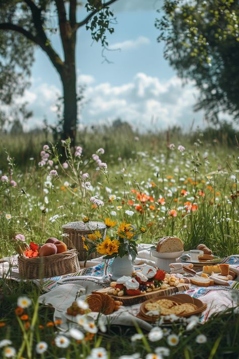 Picnic In Garden, Fantasy Picnic Aesthetic, Picnic Aesthetic Spring, Picnic Wedding Aesthetic, Flower Garden Picnic, Simple Outdoor Party, Orchard Picnic, Picnic Baby Shower Ideas, Wildflower Picnic