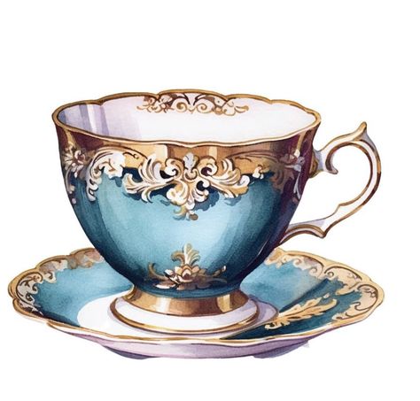 Blue Tea Cups Vintage Teacups, Victorian Tea Cup, Watercolor Teacup, Tea Cup Drawing, Time Clipart, Tea Cup Art, Logos Vintage, Tea Illustration, Tattoo Board