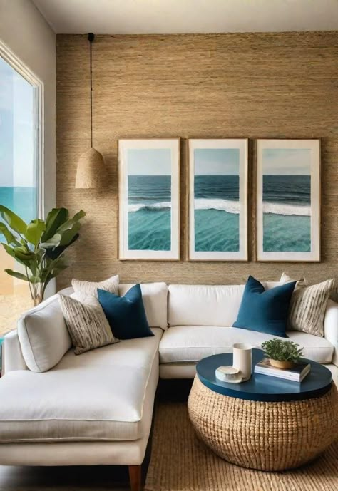 43 Inspiring Coastal Living Room Ideas 13 Beach Decor Apartment, Rustic Beach Living Room, Beach Inspired Interior Design, Beach Apt Decor, Beach House Modern Decor, Modern Nautical Decor Living Room, Home Decor Ideas Coastal Style, Nautical Beach House, Sea Style Interior