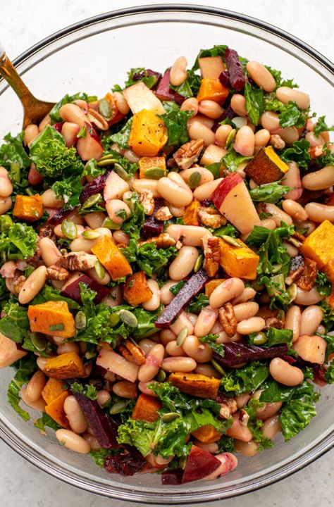 Fall Harvest Dense Bean Salad - Olivia's Kitchen Protein Pasta Salad, Bean Salads, Roasted Vegetable Pasta, Harvest Salad, Protein Pasta, Bean Salad Recipes, Autumn Salad, Fall Dishes, Pasta Salad Italian