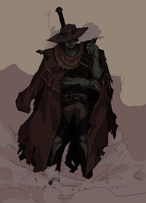 Orc fighter rogue male Cowboy Paladin, Half Orc Cowboy, Orc Cowboy, Orc Gunslinger, Pathfinder Gunslinger, Gunslinger Rpg, Fantasy Gunslinger, Oath Of Vengeance Paladin, Dnd Cowboy