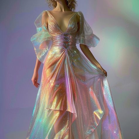 Opal Aesthetic Outfit, Iridescent Organza Dress, White Iridescent Dress, Holographic Outfit Aesthetic, Holographic Wedding Dress, Magic Aesthetic Outfits, Opalescent Dress, Mermaid Dress Aesthetic, Holographic Gown