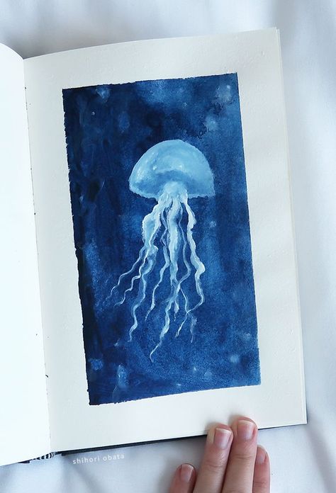 Painting ideas Poster Color Painting For Beginners Easy, Blue Painting Ideas Easy, Monochromatic Painting Ideas, Shihori Obata, Easy Things To Paint, Fun Paintings, Monochromatic Painting, Things To Paint, Jellyfish Painting