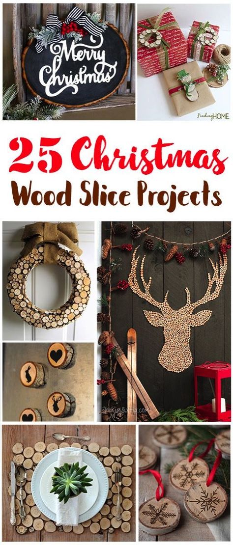 25 Wood Slice Christmas projects. I love the warm rustic natural beauty of wood slices during the holidays and these 25 ideas for using wood slices in christmas decorating are beautiful.  From ornaments, table settings, wall art, wreaths and more! Wood Slice Wreath Diy, Wood Slice Projects, Diy Christmas Projects, Wood Slice Christmas, Christmas Trinkets, Fallen Tree, Wooden Christmas Decorations, Wood Slice Art, Wood Slice Crafts