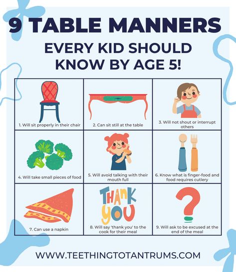 9 Top Table Manners For Kids You Must Teach Before They're 6 Meal Etiquette, Table Manners Poster, Table Manners For Kids, Kids Table Manners, Teaching Tables, Table Manner, Good Table Manners, Etiquette Classes, Early Childhood Education Activities