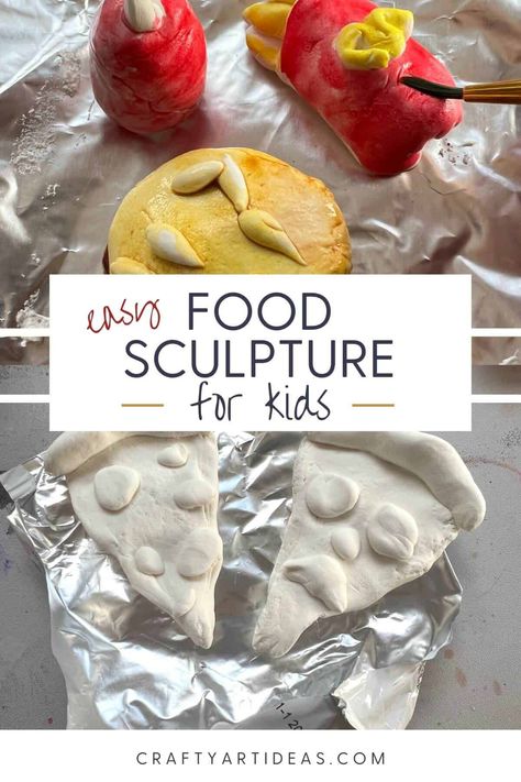 Are you looking for an easy food sculpture art lesson? This elementary 3-d art lesson is an awesome, fun and clean sculpture project to try. Model Magic Food Sculpture, Sculpture Lessons Elementary, Sculpture Art Lessons Elementary, 3d Elementary Art Projects, Pop Art Food Sculpture, Model Magic Art Lesson Elementary, Sculpture Projects For Middle School, Model Magic Art Lessons, Sculpture Projects For High School