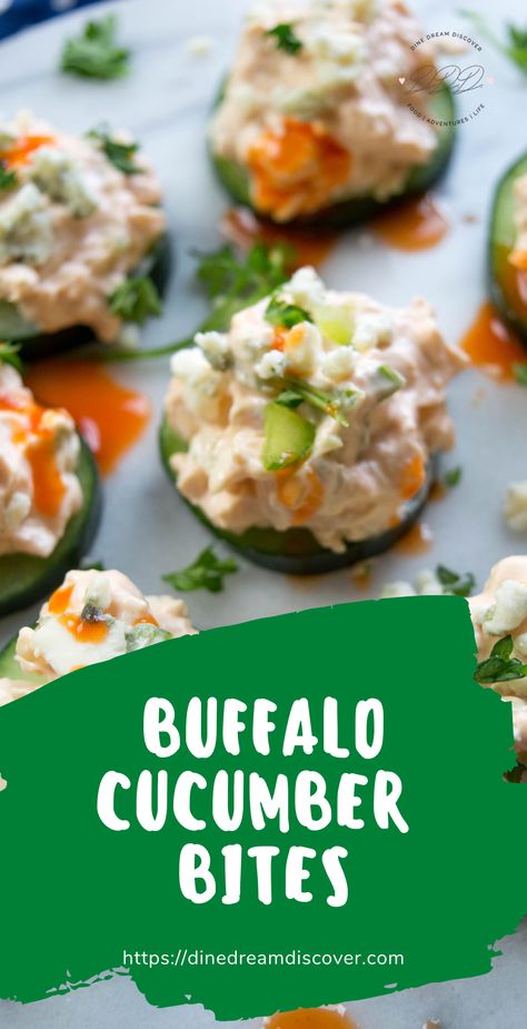 Make these easy Buffalo Chicken Cucumber Bites appetizer recipe where creamy buffalo chicken meets crunchy juicy cucumber with a dash of hot sauce to top it off.  #DineDreamDiscover #EasyEverydayRecipes #BuffaloChicken #chicken Chicken Salad Cucumber Bites, Cucumbers Recipes, Cucumber Recipes Healthy, Cucumber Bites Appetizers, Keto Apps, Creamy Buffalo Chicken, Chicken Cucumber, Appetizers Chicken, Cucumber Appetizers