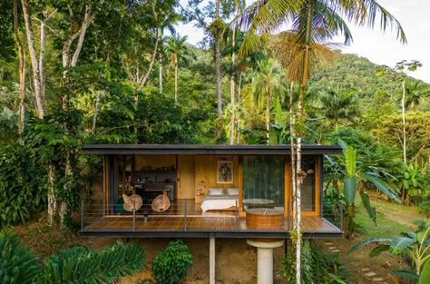 Tropical Cabin House, Small Tropical House, Tropical Cabin, House Built Into Hillside, Costa Rica House, House In The Forest, Cahuita, Loft House Design, Tiny Tree