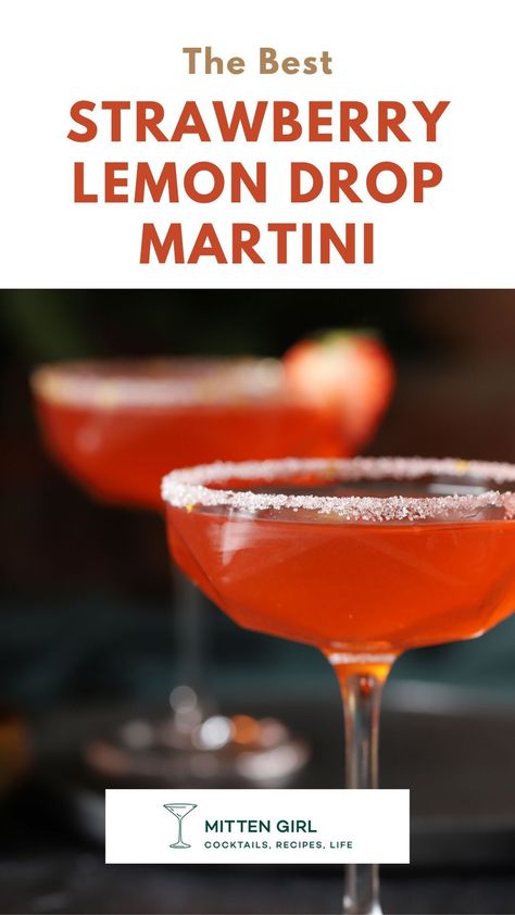 A little sweet and a lot tart, this Strawberry Lemon Drop Martini cocktail is full of bright summer flavors. Made with vodka, fresh lemon juice, homemade strawberry syrup, and orange liqueur, it's a fresh fruity drink that's perfect to serve at your next summer party. Strawberry Lemon Martini, Strawberry Lemon Drop Martini Recipes, Strawberry Lemon Drop Martini, Strawberry Lemon Drop, Fruity Rum Drinks, Easy Vodka Cocktails, Homemade Strawberry Syrup, Tart Strawberry, Drinks Tequila