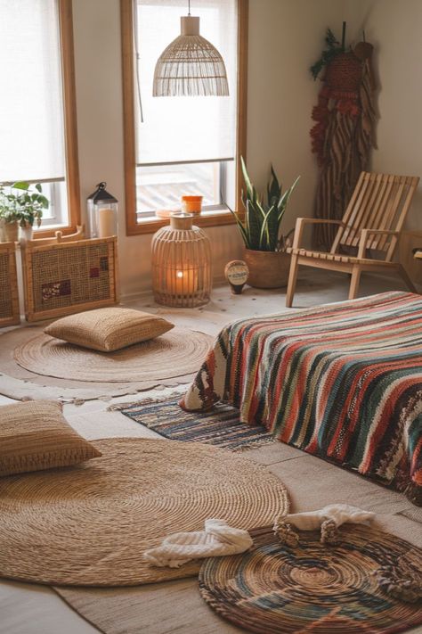 Bohemian bedroom with layered woven rugs Scandinavian Boho Bedroom, Boho Rugs Bedroom, Layered Weave, Boho Bedroom Ideas, Scandi Boho, Bohemian Bedroom, Woven Rugs, Bedroom Boho, Boho Bedroom