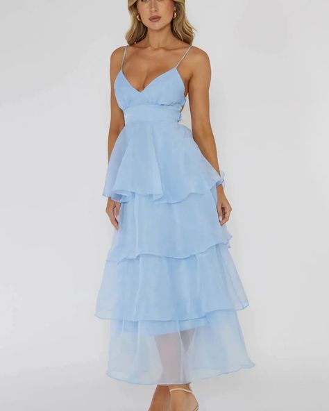 Best trending outfit 😍 in Europe and in America . . Your new wholesale haven haven 🥰 available all fashion items on wholesale price 💕 Buy more save more #WomenWear #wholesale #Fashionista European And American Organza INS Deep V-neck Backless Sling Dress Leisure Vacation Blue Dress With Ruffles, Pastel Bridesmaid Dress, Dress Ideas For Wedding Guest, Light Blue Ruffle Dress, Blue Tiered Dress, Talavera Wedding, Cornflower Blue Dress, Blue Long Dress, Blue Ruffle Dress