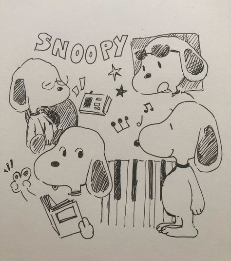 Drawing Ideas Snoopy, Snoopy Doodle Art, Snoopy And Woodstock Drawing, Cute Snoopy Drawing, Drawing Ideas Cartoon Characters, Nostalgic Drawings, Snoopy Sketch, Peanuts Drawing, Snoopy Doodle