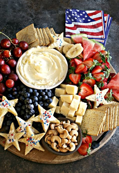 Red-White-and-Blue-Charcuterie-Board-1 Fourth Of July Snacks, Red White And Blue Charcuterie, Blue Charcuterie Board, Blue Themed Party, Red White And Blue Fruit, Themed Charcuterie Board, Breakfast Catering, Star Shaped Cookies, Patriotic Food