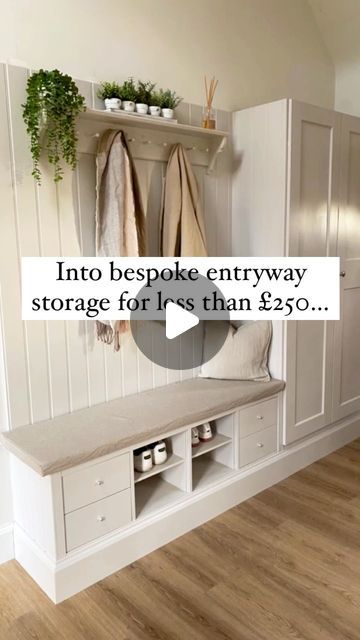 Annabel ✨ on Instagram: "Transforming two basic IKEA units into bespoke entryway storage for less than £250! 🤩

#transformationtuesday #houserenovation #selfbuilding #buildingthedream #myrenostory #newhome #hallway #cornforthwhite #renovation #barnconversion #selfbuild #homerenovation #ikeahack #pegshelf #entrancehall #benchseat #selfbuilduk #selfbuildinspo #selfbuildhome #dreamhomeinthemaking #dreamhome #bootroom #entryway #homeaccount #hometransformation #diy #diyproject" Landing Ideas Upstairs Storage, Landing Ideas Upstairs, Ikea Hall, Diy Entryway Storage, Cubbies Mudroom, Entrance Hall Decor, Ikea Entryway, Ikea Units, Hallway Unit