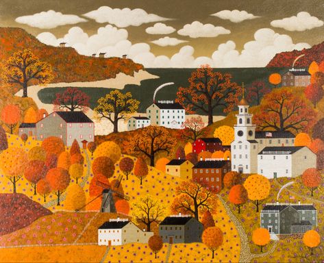 Hannah Robinson, Village Buildings, Fall Scenes, Whimsical Fall, Charles Wysocki, Americana Art, Autumn Morning, American Folk Art, Vintage Landscape