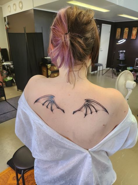 Bag Wing Tattoo, Angel And Bat Wing Tattoo, Back Tattoo Bat Wings, Bat Wing Behind Ear Tattoo, Bat Wing Tattoos On Back, Shoulder Blade Wing Tattoo, Back Bat Wings Tattoo, Bat Wing Chest Tattoo, Bat Wrapped Around Wrist Tattoo