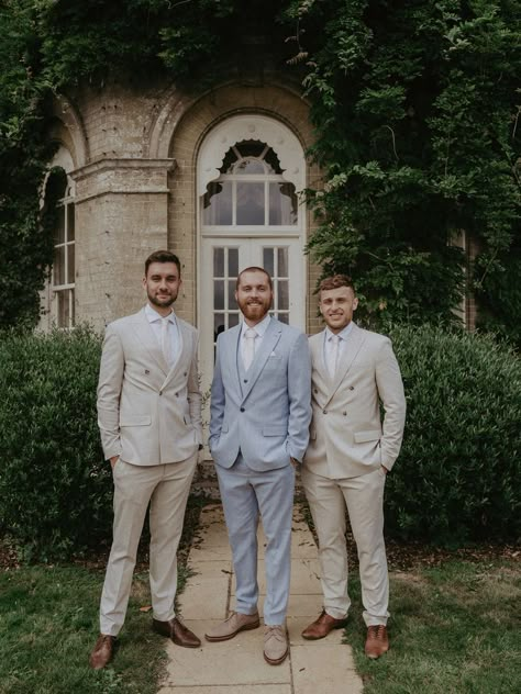 Groom In Blue Wedding Suit with Groomsmen in Matching Cream Suits Wedding Suits Cream, Wedding Dress Leather Jacket, Blue Wedding Suit Groom, Dried Flowers For Wedding, Blue Wedding Suit, Blue Groomsmen Suits, Groom Blue Suit, Pale Blue Wedding, Blue Groomsmen