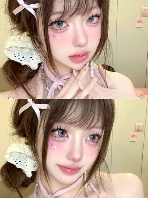 #bow #nice Douyin Pink Makeup, Pink Makeup Looks Soft, Cute Makeup Looks Natural, Decora Makeup, Pink Douyin Makeup, Aesthetic Girly Pics, Cute Kawaii Makeup, Ribbon Makeup, Maquillaje Douyin