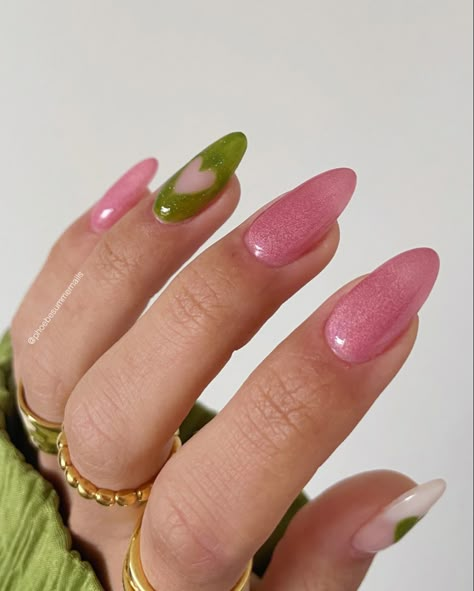 Plain Design Nails, Gel X Nail Extensions Designs, Green And Pink Nails Aesthetic, Pink Nails Green Tips, Spring Nails Pink And Green, Green And Pink Valentines Nails, Nail Ideas Pink And Green, Army Green And Pink Nails, Trilogy Tour Nail Ideas