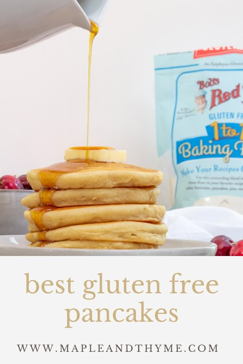 A light and fluffy pancake recipe made gluten free using Bob's Red Mill Gluten Free 1 for 1 Baking Flour in place of all-purpose flour. This versatile gluten free pancake recipe is easy to make and absolutely delicious! #glutenfreepancakes #glutenfreepancakerecipes Gluten Free Flour Pancakes, Gluten Free Pancake Recipe, Fluffy Gluten Free Pancakes, Recipe Pancakes, Gluten Free Pancake, Fluffy Pancake Recipe, Gf Breakfast, Cookies Gluten Free, Gluten Free Recipes For Breakfast