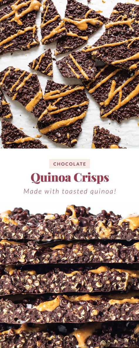 Quinoa Dark Chocolate Bark, Chocolate Covered Quinoa Bites, Recipes With Cooked Quinoa, Chocolate Quinoa Crisps Recipe, Undercover Chocolate Quinoa Crisps, Quinoa Baked Goods, Dark Chocolate Sea Salt Quinoa Crisps, Quinoa Crispy Treats, Chocolate Covered Quinoa