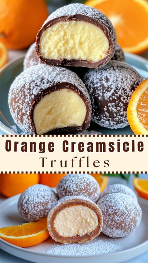 Orange Creamsicle Truffles Orange Chocolate Truffles, Orange Cream Truffles, Orange Cream Filled Chocolates, Orange Cream Chocolates, Orange Chocolate Candy, Orange Truffles Recipe, Orange Creamsicle Truffles, Mini Desserts For Parties, Creamsicle Truffles