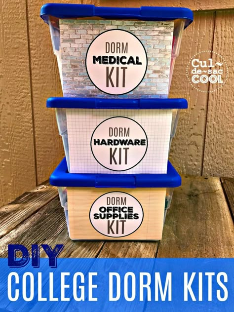 DIY COLLEGE DORM KITS. Make sure your college student is prepared for ANYTHING!!! | CULDESACCOOL.COM College Dorm Diy, College Dorm Gifts, Dorm Gifts, College Survival Kit, College Dorm Checklist, Dorm Checklist, Diy College, Dorm Supplies, College Dorm Ideas