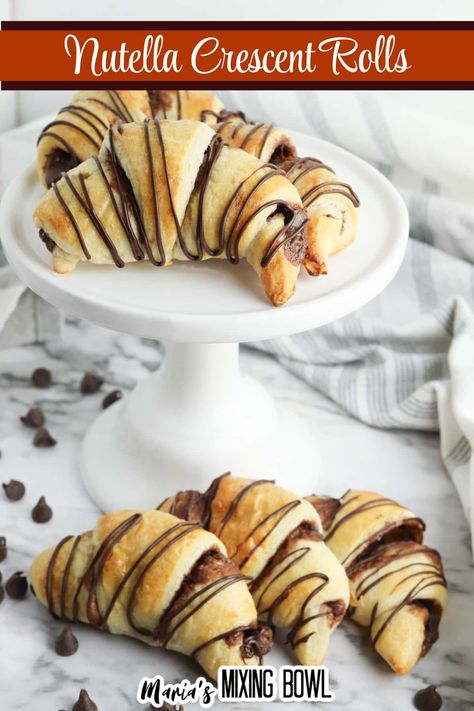 Nutella crescent rolls are a sweet take on the classic flaky roll. Crescents are filled with nutella, baked, and topped with melted chocolate Nutella Cresent Roll Recipes, Caramel Icebox Cake, Ritz Cracker Dessert, Cream Cheese Fudge, Nutella Crescent Rolls, Summer Time Drinks, Cheese Fudge, Pillsbury Crescent Roll Recipes, Crescent Rolls Recipe