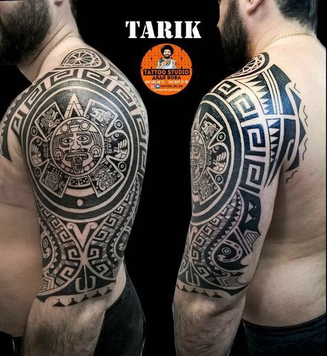 Aztec Tattoos Sleeve, Mayan Tattoos, Aztec Tattoos, Tattoo On Shoulder, Aztec Tattoo Designs, Maori Tattoo Designs, Mens Shoulder Tattoo, Tattoos Sleeve, Aztec Tattoo