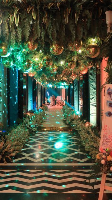 Sangeet Walkway Decor, Disco Theme Sangeet Decor, Glitz And Glam Sangeet Decor, Sangeet Pathway Decor, Pathway Decor Wedding, Sangeet Theme Ideas, Indian Sangeet Decor, Sangeet Entrance, Sangeet Decor Ideas