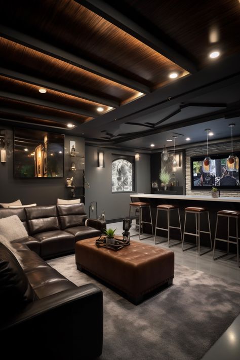 60+ Jaw-Dropping Dream Basements to Inspire Your Decor - Days Inspired Basement Remodel Exposed Ceiling, Basement Bar Black Ceiling, Basement Bourbon Room, Basement Bar And Living Room Ideas, Eagles Basement, Basement Ideas Dark, All Black Basement, Basement Bar Lounge, Dark Moody Basement