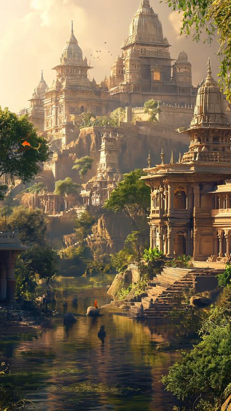 Midjourney Feed Fantasy World Aesthetic, Ancient Indian Architecture, 3d Environment, Landscape Concept, Hinduism Art, Adventure Aesthetic, Fantasy Worlds, Indian Architecture, Fantasy City