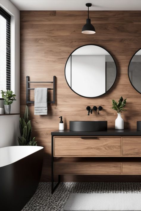 Discover the perfect balance of contemporary design with this sleek bathroom featuring rich walnut wood panels and sophisticated matte black fixtures. A masterclass in modern elegance. #ModernBathroom #WalnutWood #InteriorDesign Black And Wood Bathroom Ideas, Black Wood Bathroom, Bathroom 2025, Matte Black Fixtures, Black Cabinets Bathroom, Black And Walnut, Black Fixtures, Sleek Bathroom, Black Vanity