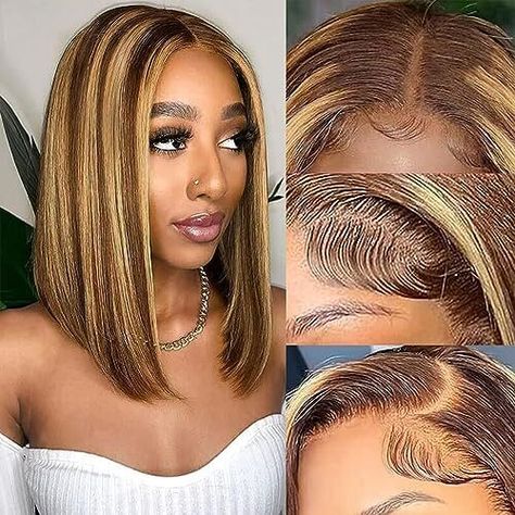 🌈 Get your style on with this stunning Ombre Highlight Bob Wig! Made with real human hair, it features a 13x4 lace front for a natural look. The P4/27 color adds a touch of vibrancy, while the 12-inch length offers a chic and trendy look. With 180 density and a glueless design, this wig is comfortable and easy to wear. Pre plucked with baby hair for a seamless blend. 💁‍♀️ #AD #SPONSORED Bob Wig Styles, Honey Blonde Bob, Highlight Bob Wig, Bob Ombre, Highlight Bob, Bob Human Hair Wigs, Human Lace Wigs, Ombre Highlights, Short Human Hair Wigs