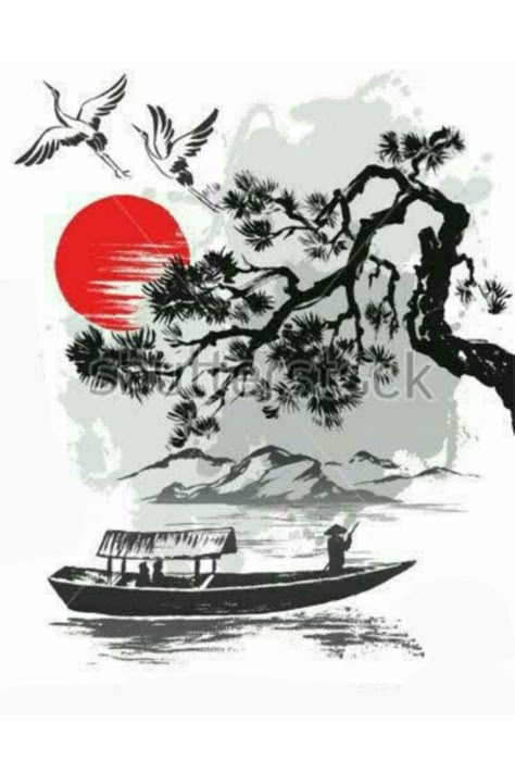 Trash Polka Tattoos, Boat Drawing, Japanese Drawings, Landscape View, Japanese Artwork, 카드 디자인, Japon Illustration, Samurai Art, Pine Branch