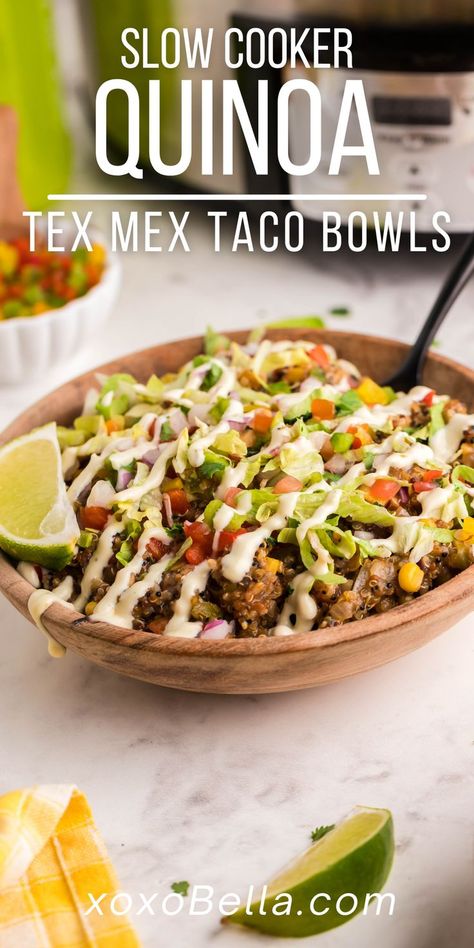 Tex Mex Quinoa Taco Bowls Tex Mex Quinoa Bowl, Bison Quinoa Bowl, Quinoa Mexican Bowl, Crockpot Quinoa Recipes, Quinoa Slow Cooker Recipes, Quinoa Taco Bowl, Tex Mex Quinoa, Mexican Quinoa Bowl, Crockpot Quinoa