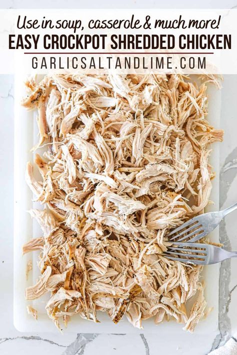 Simple crockpot shredded chicken is the easiest way to shred chicken in bulk for use in endless recipes. It's delicious, juicy and super easy to shred because it almost falls apart after hours in the slow cooker! Store in the freezer for up to 4 months and use in all your favorite recipes like soup, casseroles, tacos, enchiladas, fajitas, nachos, baked pasta dishes and so much more. Make it plain or add salsa/barbecue sauce or any condiment you like! Shredded Chicken Fajitas Crockpot, Mexican Shredded Chicken Crockpot, Shredded Bbq Chicken Crockpot, Crockpot Shredded Chicken Recipes, Shredded Chicken Recipes Crockpot, Chicken Recipes Low Sodium, Recipe Shredded Chicken, Crock Pot Shredded Chicken, Garlic Chicken Crockpot