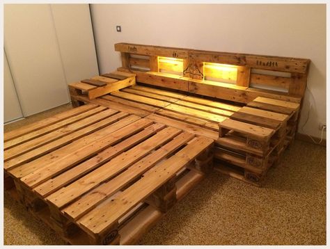 Bed Frame Made Of Pallets, Floating Bed With Pallets, Wooden Palate Bed Frame, Boho Bedroom Pallet Bed, Skid Bed Frame Diy, Pallet Projects Bedroom Bed Frame, Pallet Bed Frame With Night Stands, Pallet Double Bed, Country Pallet Bed