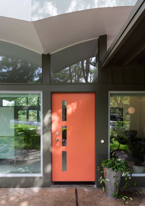 Midcentury Modern Front Door, Mid Century Front Door, Coral Front Doors, Mid Century Modern Front Door, Mcm Exterior, Mid Century Modern Door, Modern Front Doors, Mid Century Modern Exterior, Mid Century Exterior